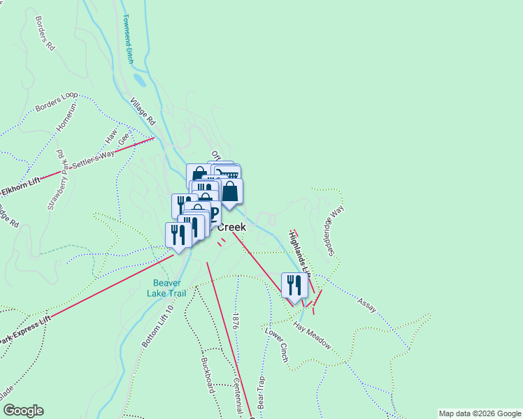 map of restaurants, bars, coffee shops, grocery stores, and more near 32 Highlands Lane in Beaver Creek