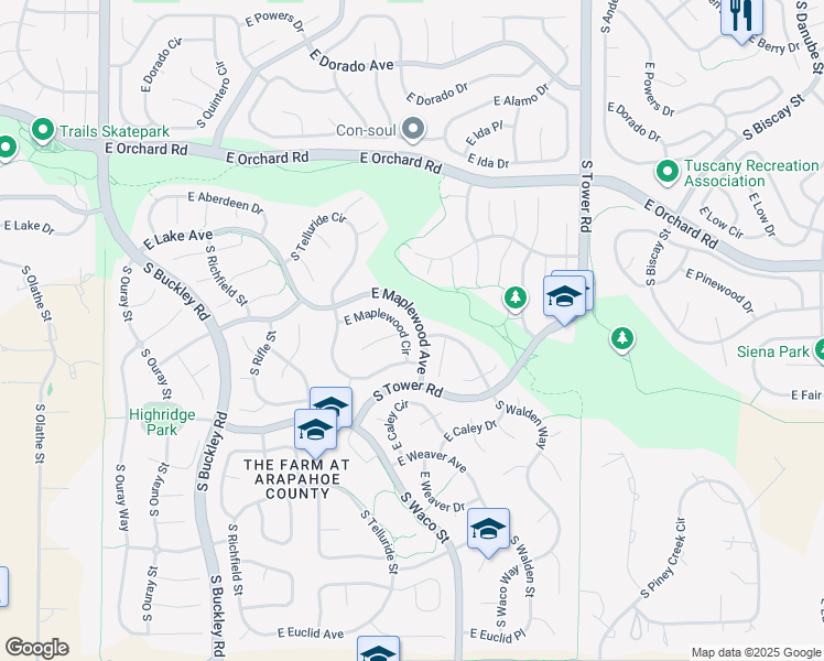 map of restaurants, bars, coffee shops, grocery stores, and more near 17883 East Maplewood Circle in Aurora