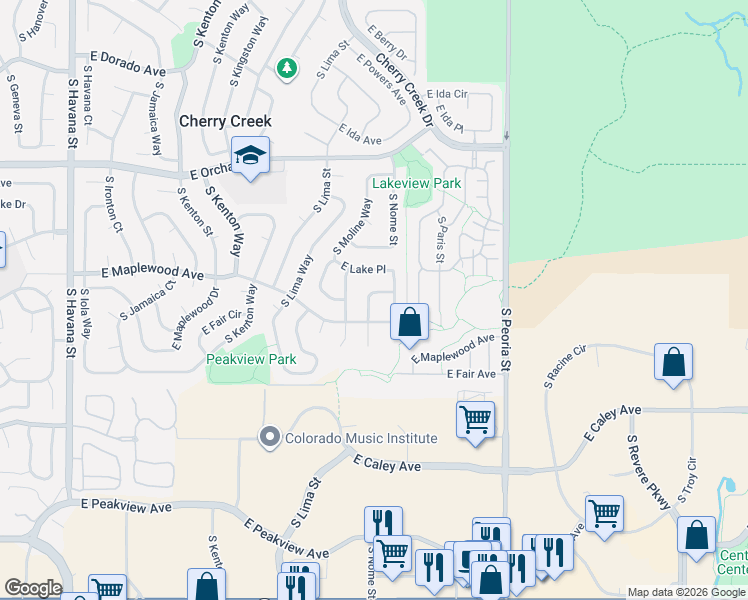 map of restaurants, bars, coffee shops, grocery stores, and more near 11635 East Maplewood Avenue in Englewood
