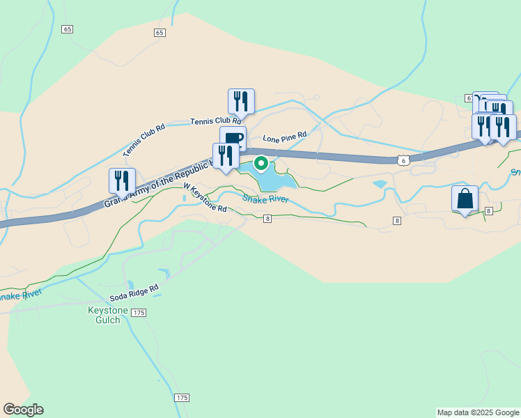map of restaurants, bars, coffee shops, grocery stores, and more near 0042 Lake Ridge Circle in Dillon