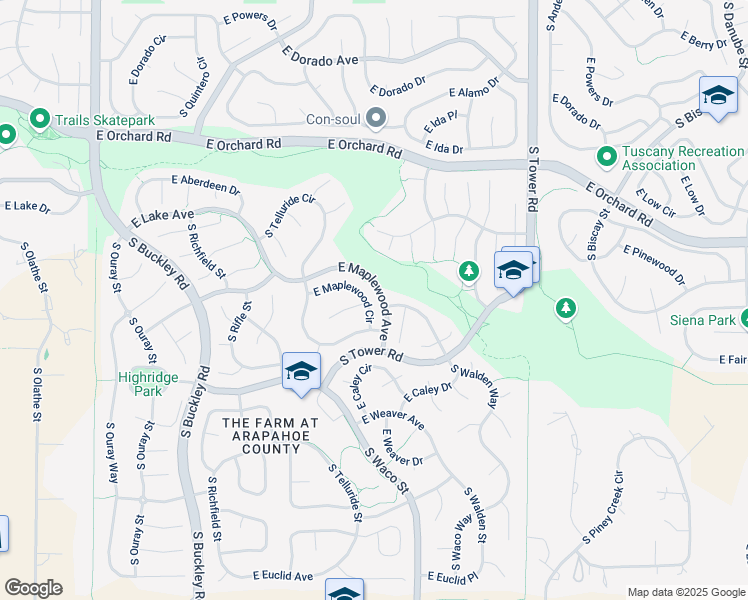 map of restaurants, bars, coffee shops, grocery stores, and more near 17883 East Maplewood Circle in Aurora