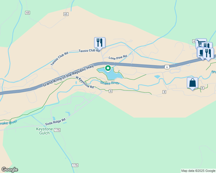 map of restaurants, bars, coffee shops, grocery stores, and more near 0042 Lake Ridge Circle in Dillon