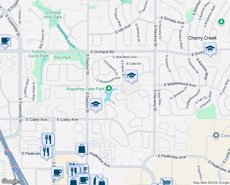 map of restaurants, bars, coffee shops, grocery stores, and more near 10167 East Fair Circle in Englewood