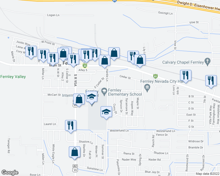 map of restaurants, bars, coffee shops, grocery stores, and more near 175 Hardie Lane in Fernley