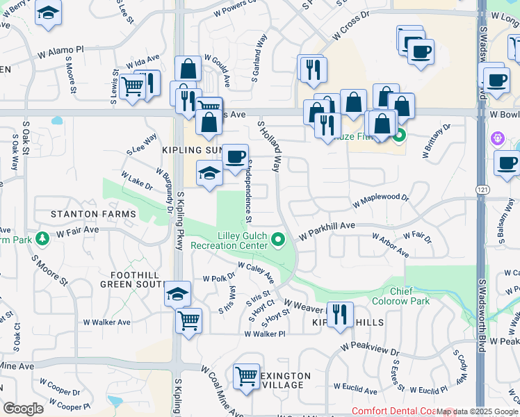 map of restaurants, bars, coffee shops, grocery stores, and more near 9559 West Maplewood Place in Littleton