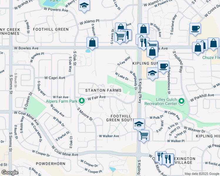 map of restaurants, bars, coffee shops, grocery stores, and more near 10359 West Fair Avenue in Littleton