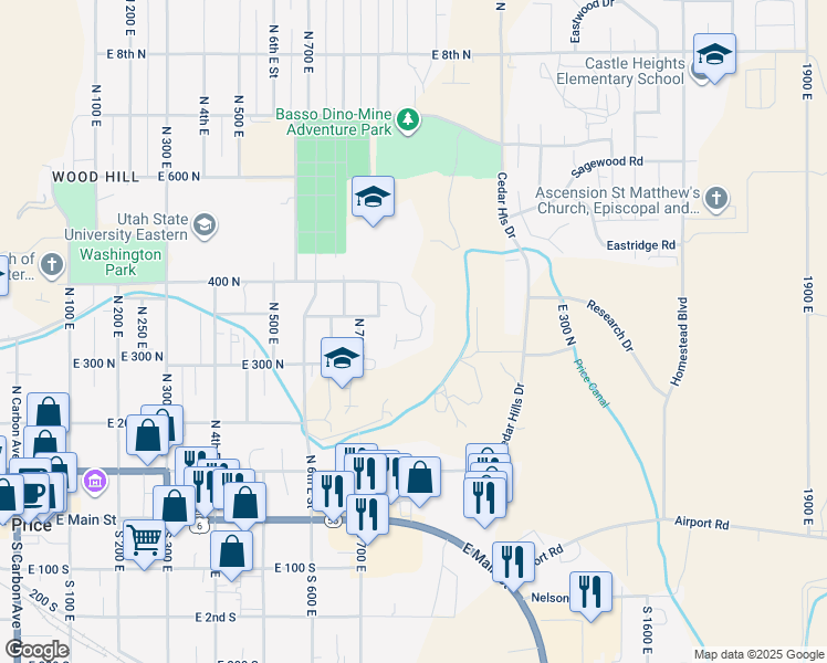 map of restaurants, bars, coffee shops, grocery stores, and more near 349 Crestview Drive in Price