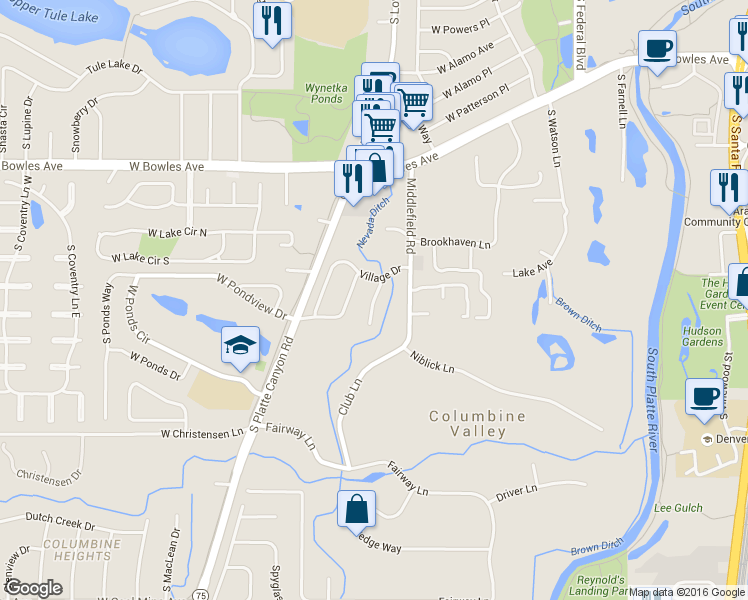 map of restaurants, bars, coffee shops, grocery stores, and more near 6 Columbine Ln in Columbine Valley