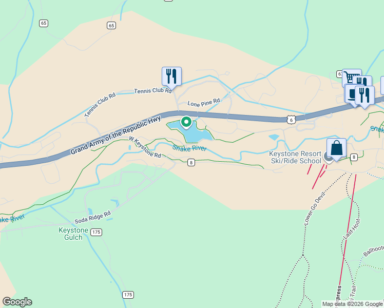 map of restaurants, bars, coffee shops, grocery stores, and more near 0042 Lake Ridge Circle in Dillon