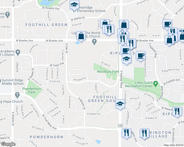 map of restaurants, bars, coffee shops, grocery stores, and more near 10507 West Maplewood Drive in Littleton