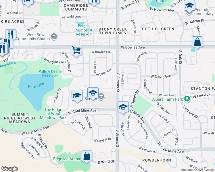 map of restaurants, bars, coffee shops, grocery stores, and more near 11746 West Maplewood Avenue in Littleton