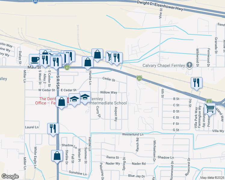 map of restaurants, bars, coffee shops, grocery stores, and more near 335 Spruce Drive in Fernley