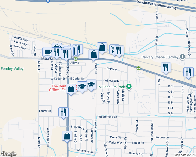 map of restaurants, bars, coffee shops, grocery stores, and more near 330 Curry Drive in Fernley