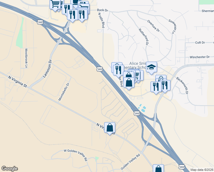 map of restaurants, bars, coffee shops, grocery stores, and more near 266 Beth Drive in Reno