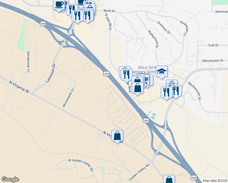 map of restaurants, bars, coffee shops, grocery stores, and more near 266 Beth Drive in Reno