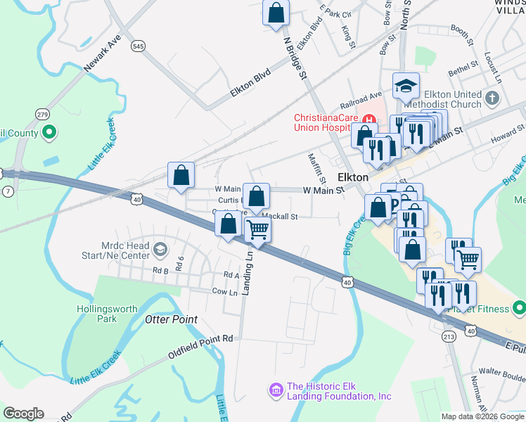 map of restaurants, bars, coffee shops, grocery stores, and more near 260 Mackall Street in Elkton