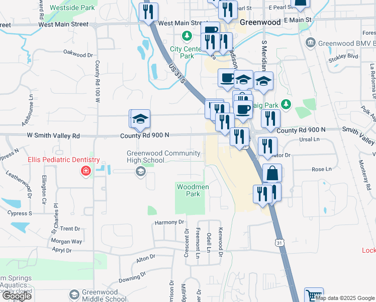 map of restaurants, bars, coffee shops, grocery stores, and more near 605 Smith Valley Road in Greenwood