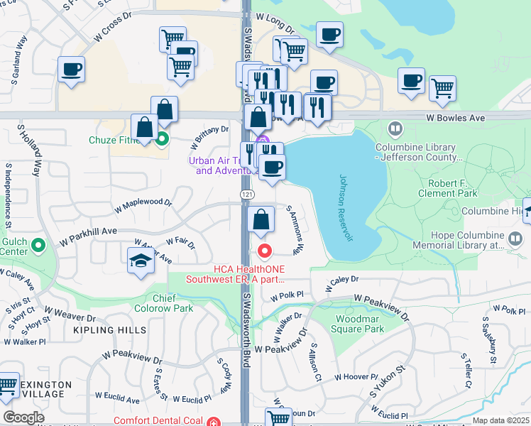 map of restaurants, bars, coffee shops, grocery stores, and more near 6169 South Balsam Way in Littleton