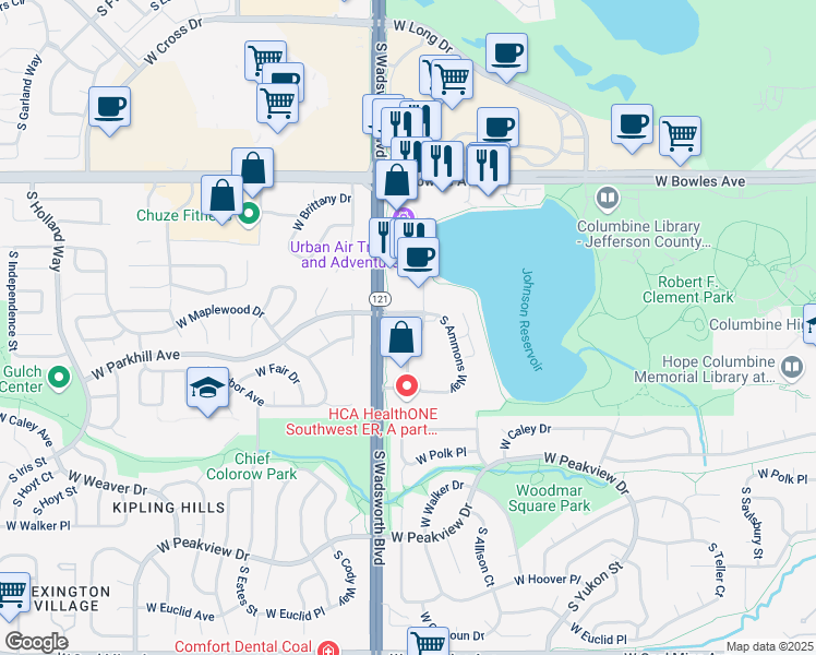 map of restaurants, bars, coffee shops, grocery stores, and more near 6169 South Balsam Way in Littleton