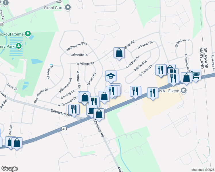 map of restaurants, bars, coffee shops, grocery stores, and more near 203 East Thomson Drive in Elkton