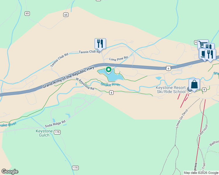 map of restaurants, bars, coffee shops, grocery stores, and more near 0042 Lake Ridge Circle in Dillon