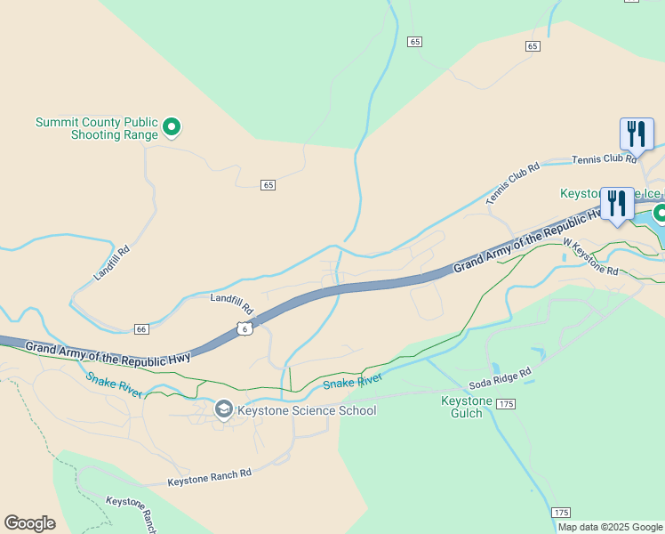 map of restaurants, bars, coffee shops, grocery stores, and more near 71 Antlers Gulch Road in Keystone