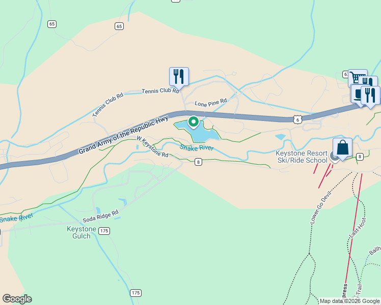 map of restaurants, bars, coffee shops, grocery stores, and more near 71 Starfire Lane in Keystone