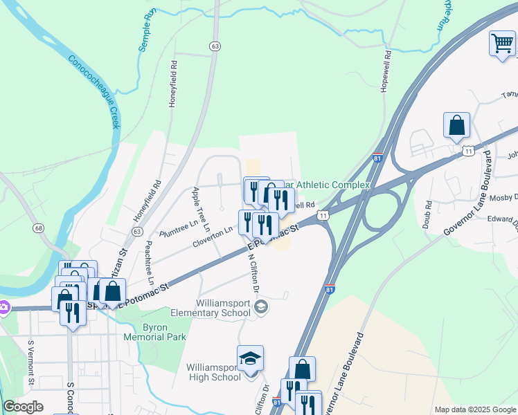 map of restaurants, bars, coffee shops, grocery stores, and more near 20 Milestone Terrace in Williamsport