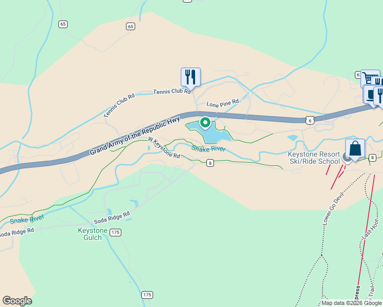 map of restaurants, bars, coffee shops, grocery stores, and more near 176 Tram Road in Keystone