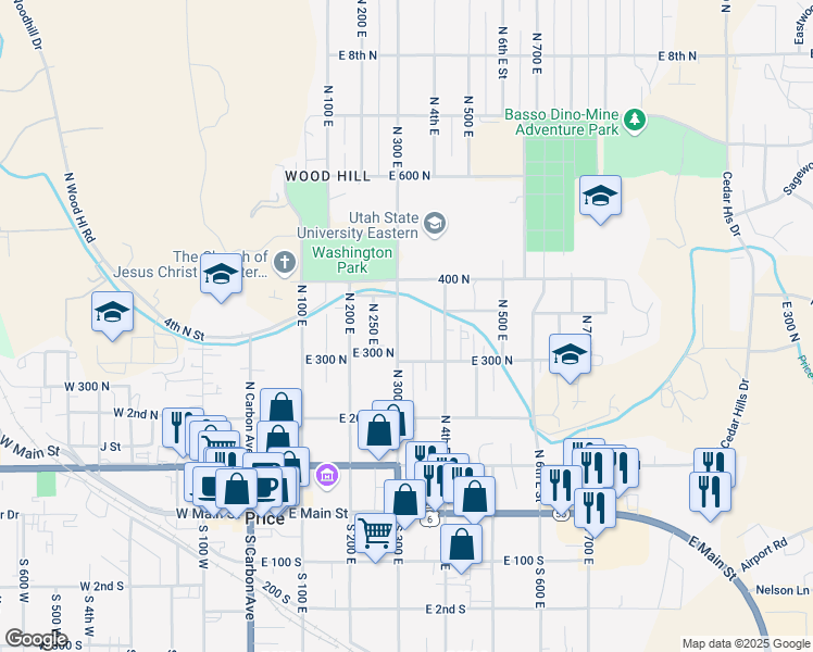 map of restaurants, bars, coffee shops, grocery stores, and more near 358 North 300 East in Price