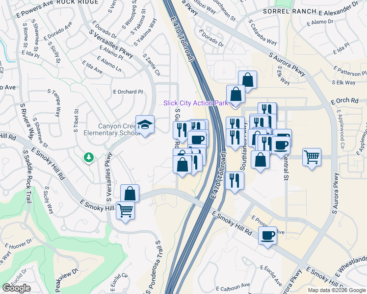 map of restaurants, bars, coffee shops, grocery stores, and more near 6084 South Zante Way in Aurora