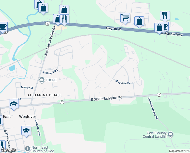 map of restaurants, bars, coffee shops, grocery stores, and more near 36 Viburnum Avenue in Elkton