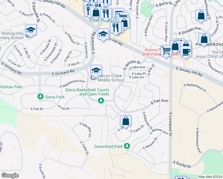 map of restaurants, bars, coffee shops, grocery stores, and more near 20180 East Maplewood Lane in Centennial