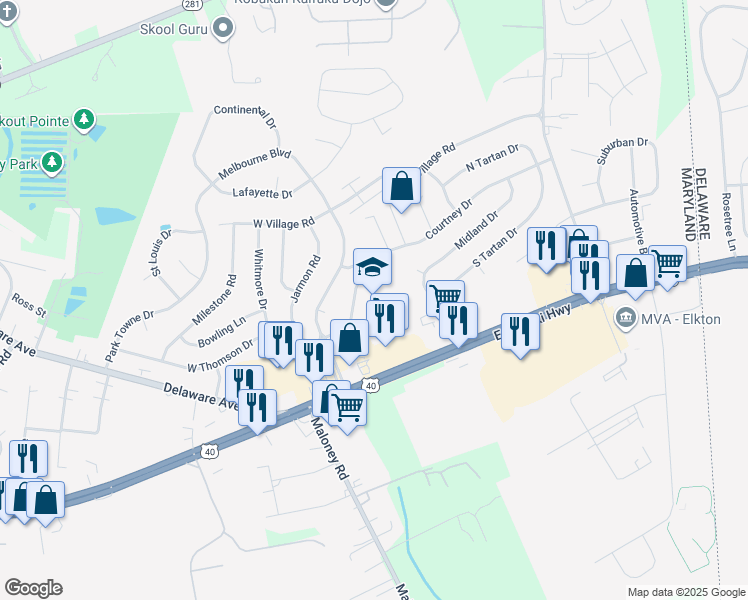 map of restaurants, bars, coffee shops, grocery stores, and more near 203 East Thomson Drive in Elkton