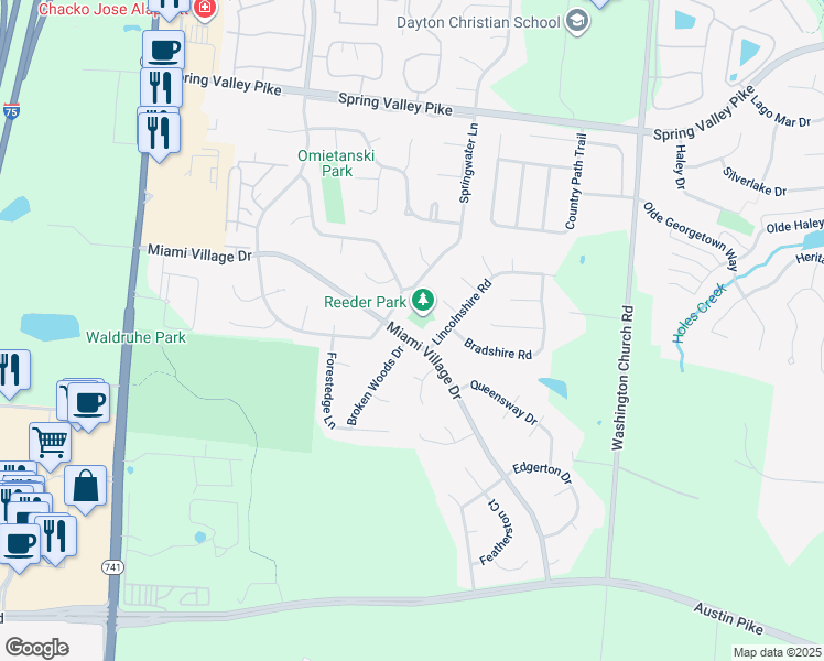 map of restaurants, bars, coffee shops, grocery stores, and more near 2537 Miami Village Drive in Miamisburg