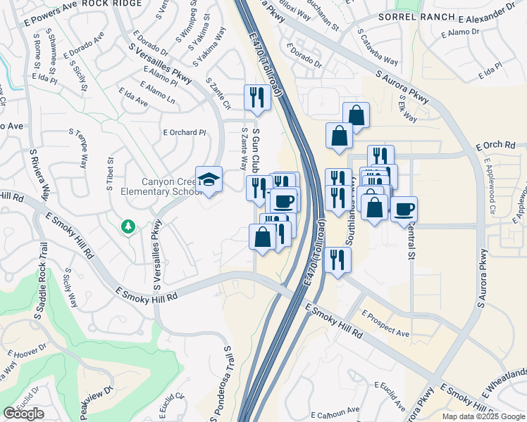 map of restaurants, bars, coffee shops, grocery stores, and more near 6084 South Zante Way in Aurora