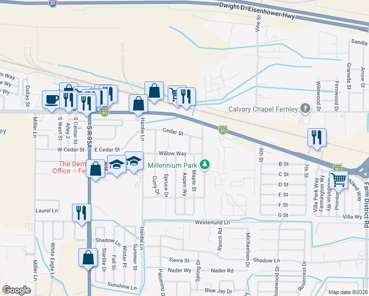 map of restaurants, bars, coffee shops, grocery stores, and more near 465 East Main Street in Fernley