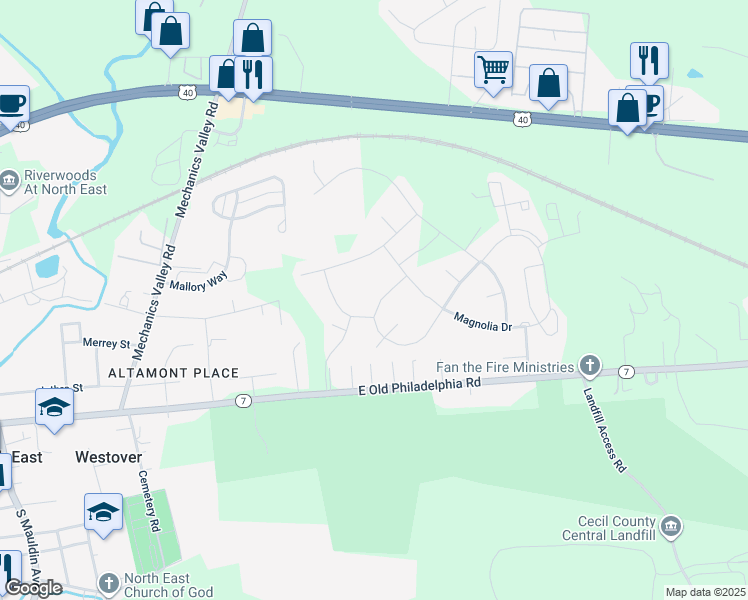 map of restaurants, bars, coffee shops, grocery stores, and more near 36 Viburnum Avenue in Elkton