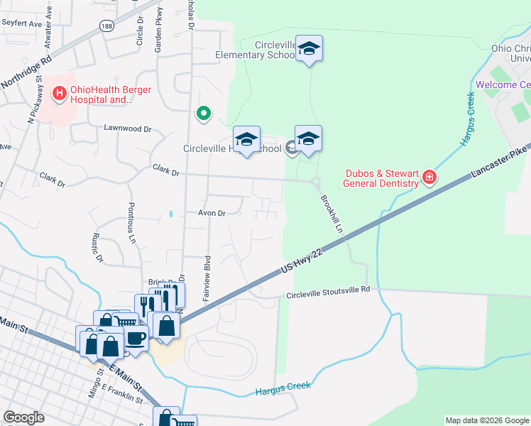 map of restaurants, bars, coffee shops, grocery stores, and more near 440 Sunnyview Drive in Circleville