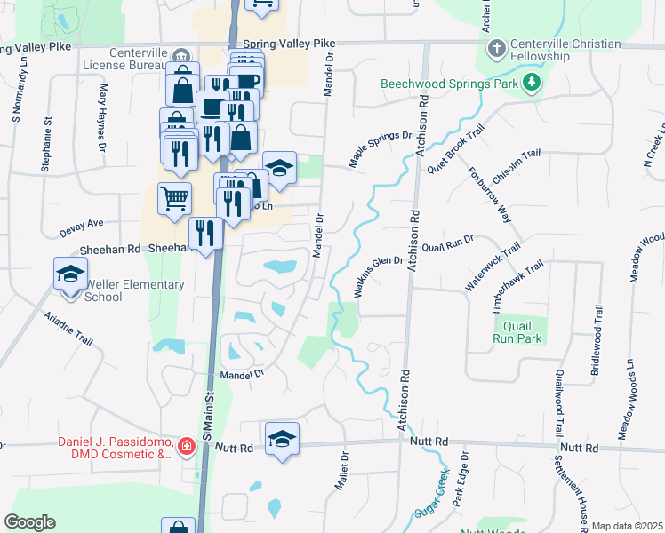 map of restaurants, bars, coffee shops, grocery stores, and more near 9653 Centerville Creek Lane in Montgomery County