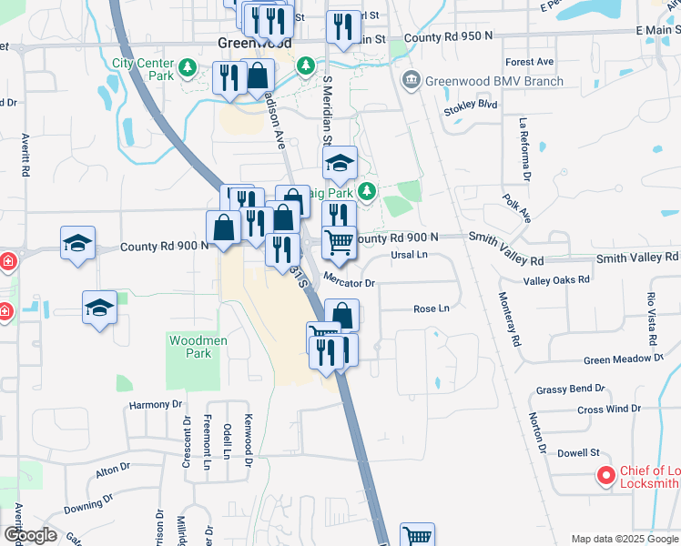 map of restaurants, bars, coffee shops, grocery stores, and more near 707 South Madison Avenue in Greenwood
