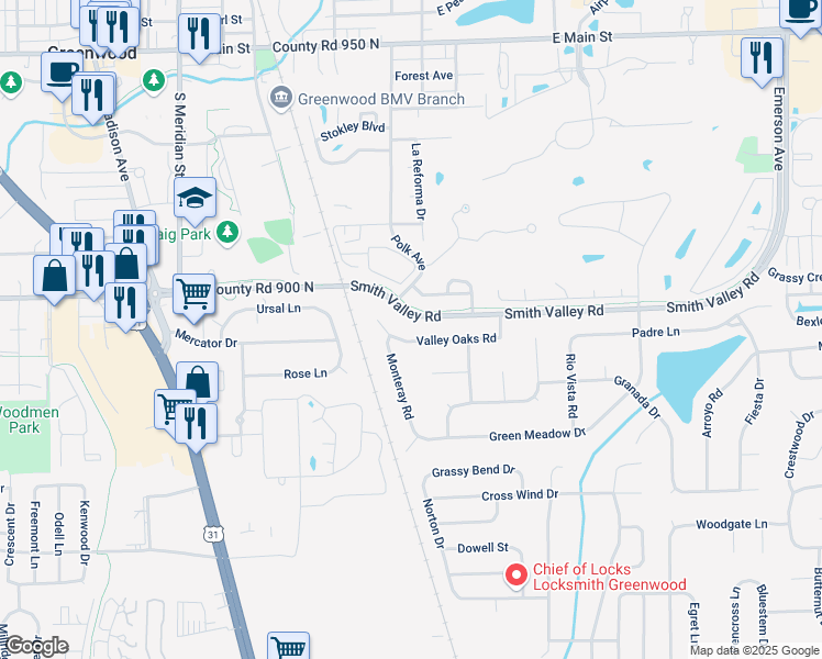 map of restaurants, bars, coffee shops, grocery stores, and more near 481 Monte Vista Drive in Greenwood