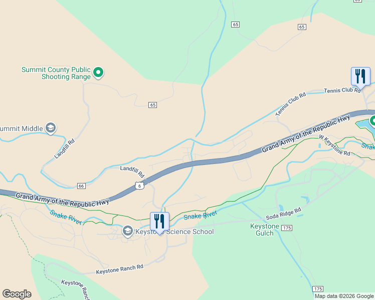 map of restaurants, bars, coffee shops, grocery stores, and more near 71 Antlers Gulch Road in Keystone