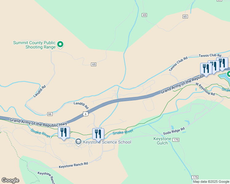 map of restaurants, bars, coffee shops, grocery stores, and more near 71 Antlers Gulch Road in Keystone