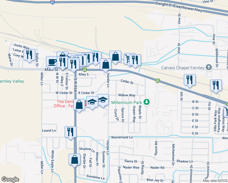 map of restaurants, bars, coffee shops, grocery stores, and more near 130 Curry Drive in Fernley