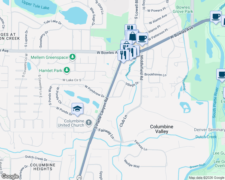 map of restaurants, bars, coffee shops, grocery stores, and more near 29 Village Dr in Columbine Valley