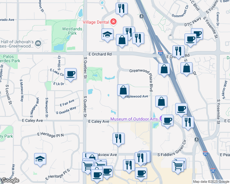map of restaurants, bars, coffee shops, grocery stores, and more near 6021 South Syracuse Way in Greenwood Village