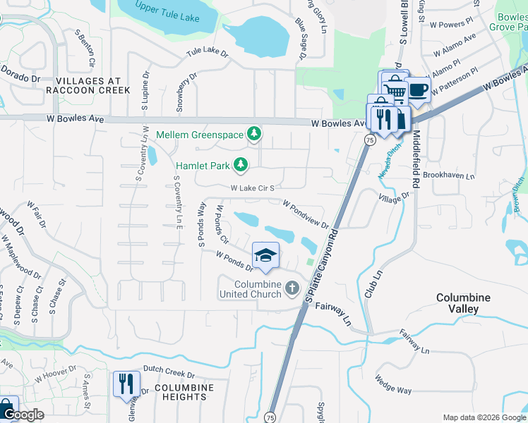 map of restaurants, bars, coffee shops, grocery stores, and more near 4438 West Lake Circle South in Littleton