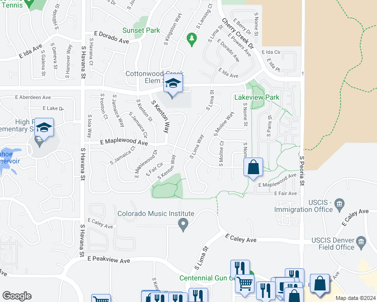 map of restaurants, bars, coffee shops, grocery stores, and more near 11143 East Maplewood Avenue in Englewood