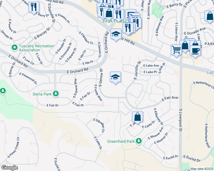 map of restaurants, bars, coffee shops, grocery stores, and more near 6100 South Genoa Street in Aurora